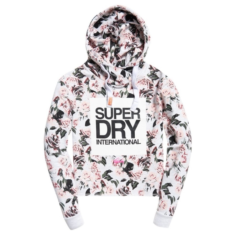SUPERDRY INTERNATIONAL BOXED ALL OVER PRINT CROPPED HOODIE SZ LARGE - BNWT